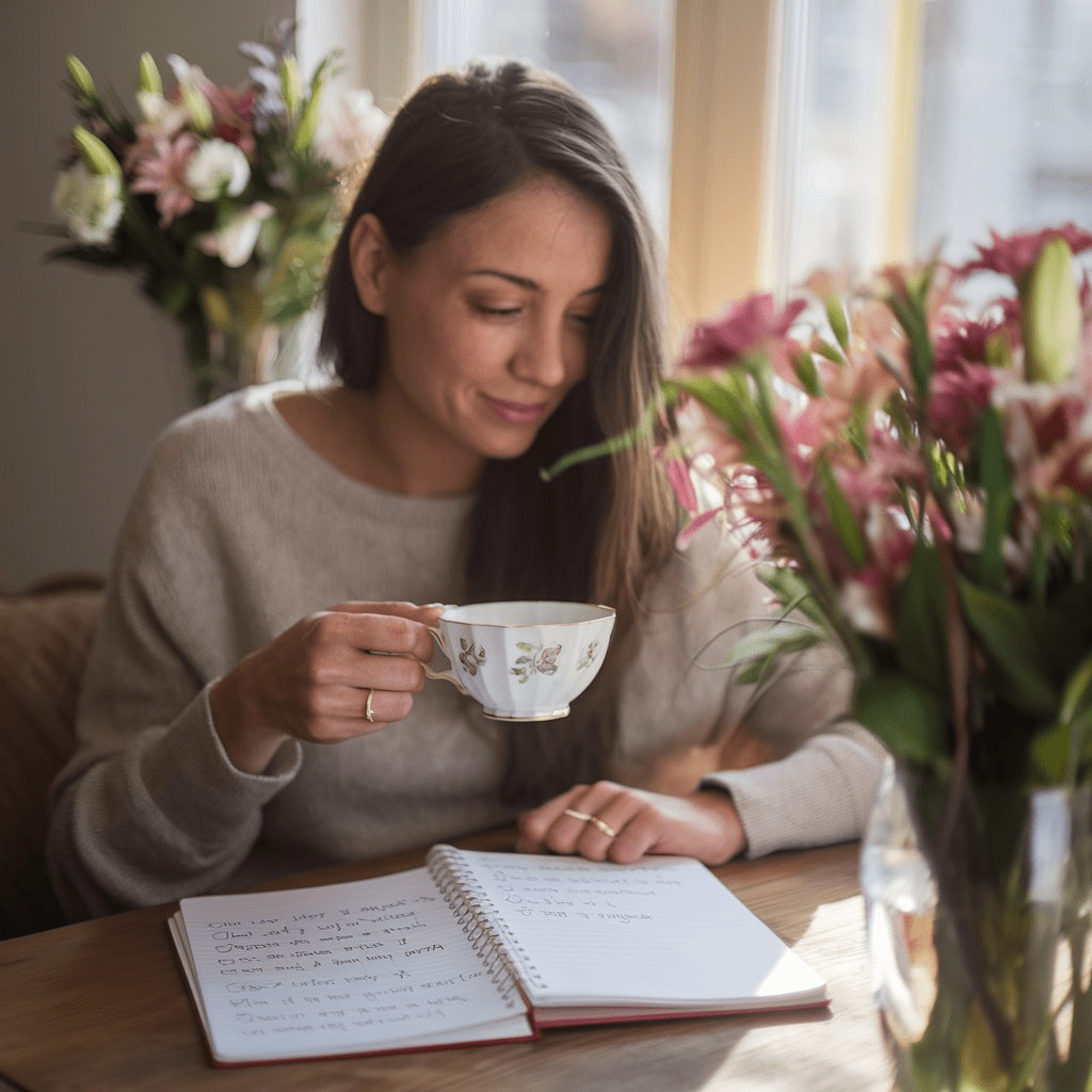 Mentoring, eine Kaffee trinkende Frau hat ein Buch in dem sie Notizen geschrieben hat.