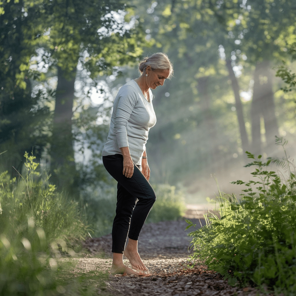 Erster Schritt. Eine Frau, 55 Jahre, steht barfuß auf einem Waldweg und schreitet achtsam voran.