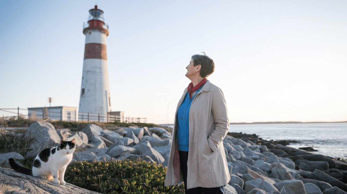 Leitstern. Leuchturm Eine Frau steht am Meer und blickt auf einen Leuchtturm.