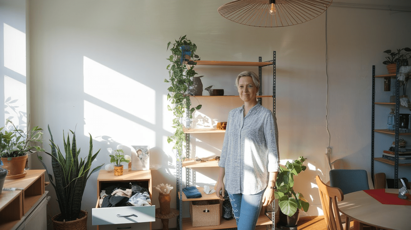 Ordnung Eine Frau, ca 60 Jahre, steht in einem aufgeräumten Raum.