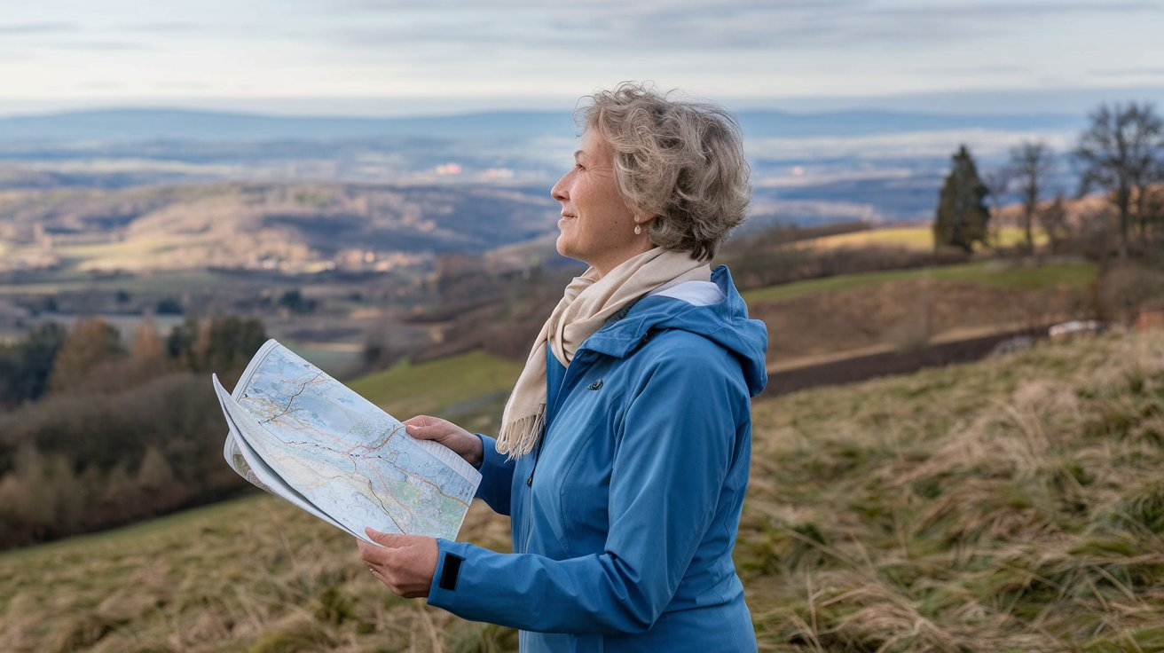 innerer Kompass eine Frau steht mit einer Karte auf einem grünen Hügel und hält Ausschau nach ihrem inneren Kompass.