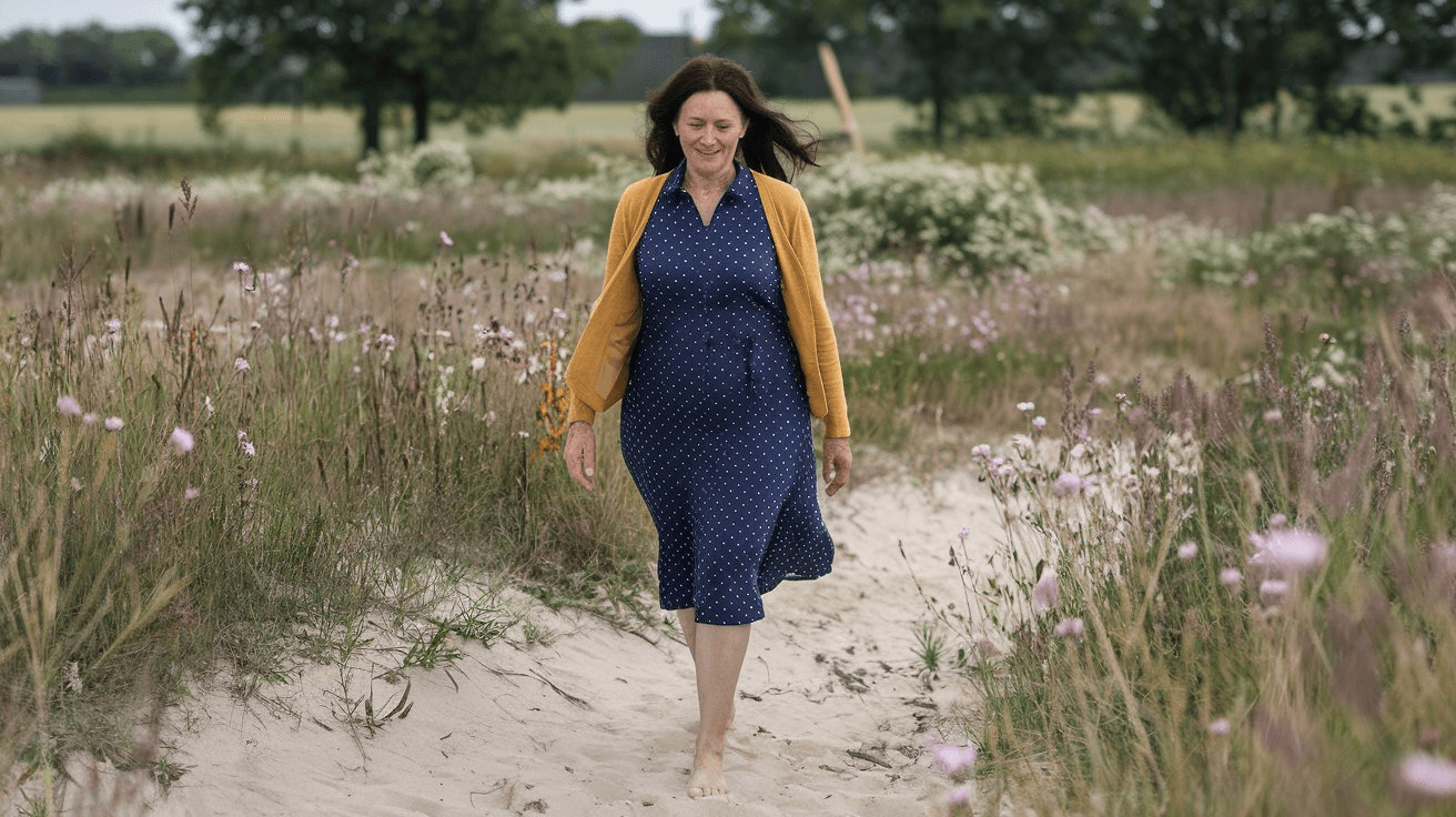 Frau Barfuß Eine barfuß auf einem Sandweg laufende Frau in einem Sommerkleid. Neben dem Weg sind hohe Blumen und Gräser zu sehen.