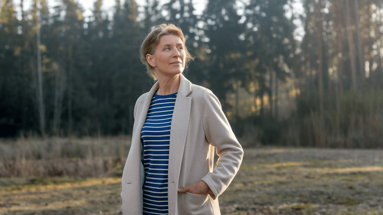 Frau an der Lichtung Eine Frau im Trechcoat und leichter Kleidung steht auf einem Waldboden. Im Hintergrund sind Bäume zu sehen.