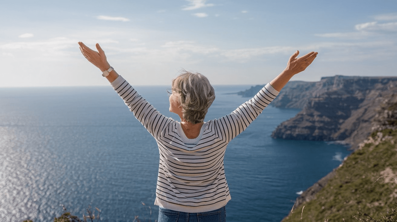 Frau an einer Klippe Eine Frau in legerer Sommerkleidung steht auf einer Klippe am Meer